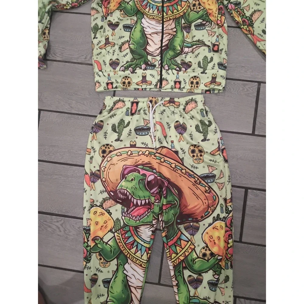 Mens Taco T-Rex‎ Tracksuit Set Green Sombrero Dinosaur Zip Jacket Joggers Medium